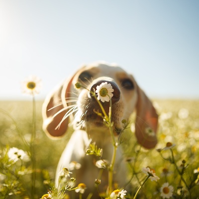 Grasmilben Gefahr auf der Wiese, Hund riecht an einer Blume