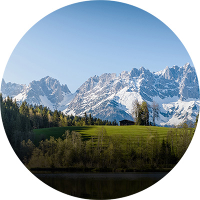 Landscape with green meadows, trees and mountains in the background