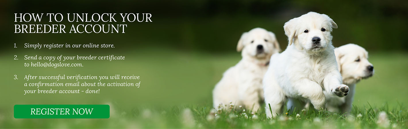 Puppies on a meadow and the possibility to register for the breeder account