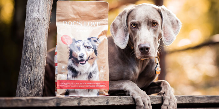 dog beside a package of DOGS LOVE dry dog food