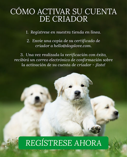 Cachorros en un prado y posibilidad de inscribirse en la cuenta del criador