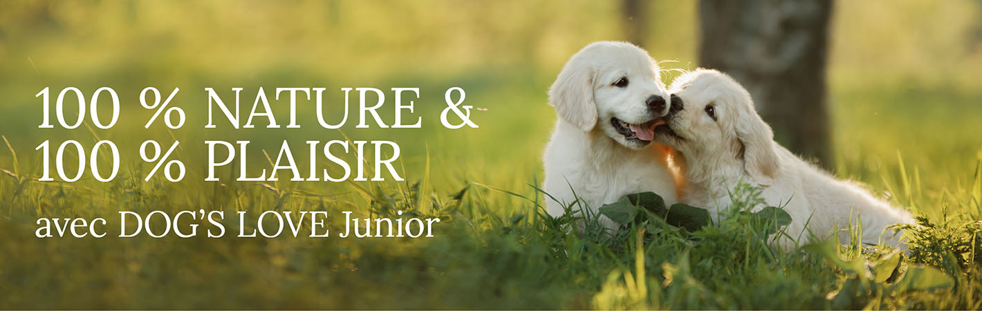 Chiots dans une prairie avec texte : 100% nature & 100% plaisir avec DOG'S LOVE Junior