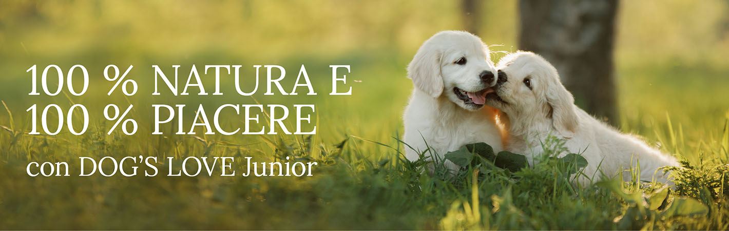 Cuccioli in un prato con testo: 100% natura & 100% divertimento con DOG'S LOVE Junior