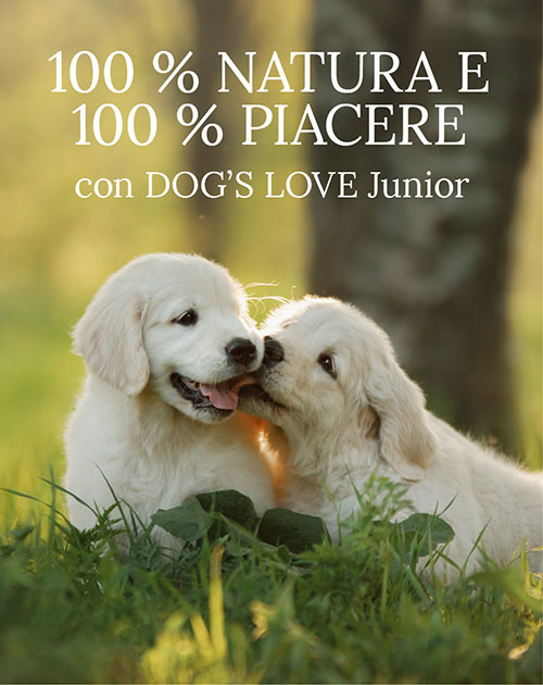 Cuccioli in un prato con testo: 100% natura & 100% divertimento con DOG'S LOVE Junior